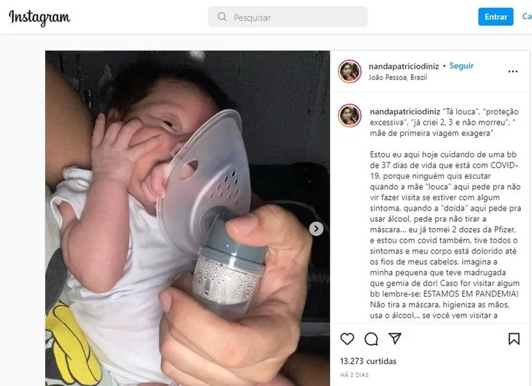 Mãe faz alerta após bebê com 1 mês positivar para Covid-19