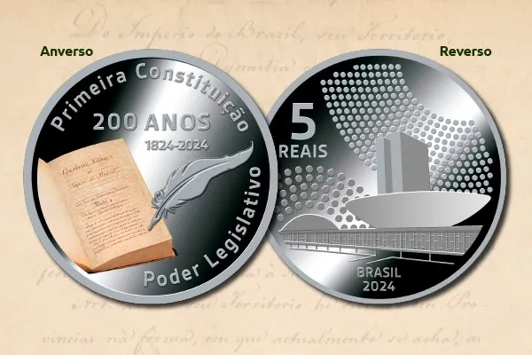 A moeda é de prata e tem valor de face de R$ 5,00.